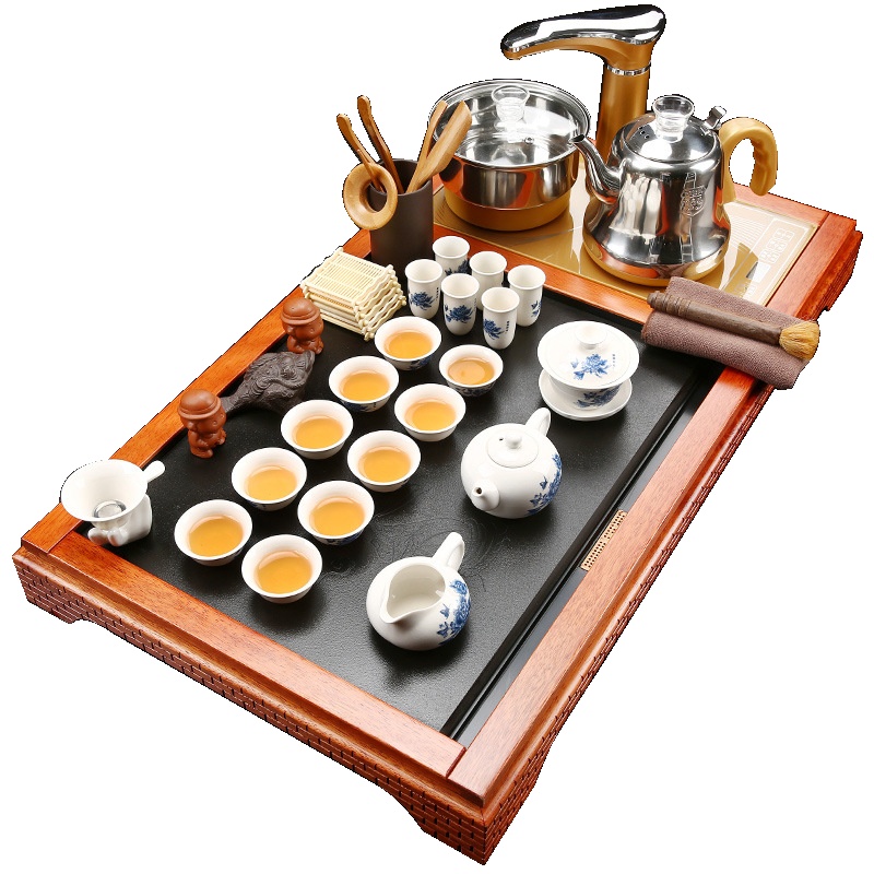 茶具套装青花瓷茶具全自动电磁炉四合一茶具花梨木乌金石茶盘