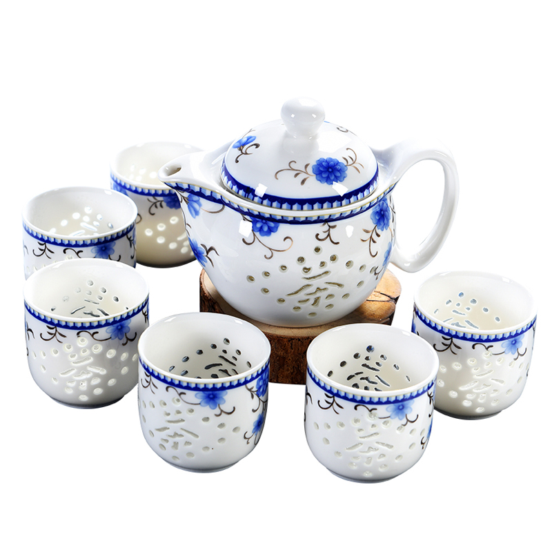 彩帮青花玲珑镂空茶具套装家用大茶壶茶杯陶瓷功夫泡茶器日式茶道