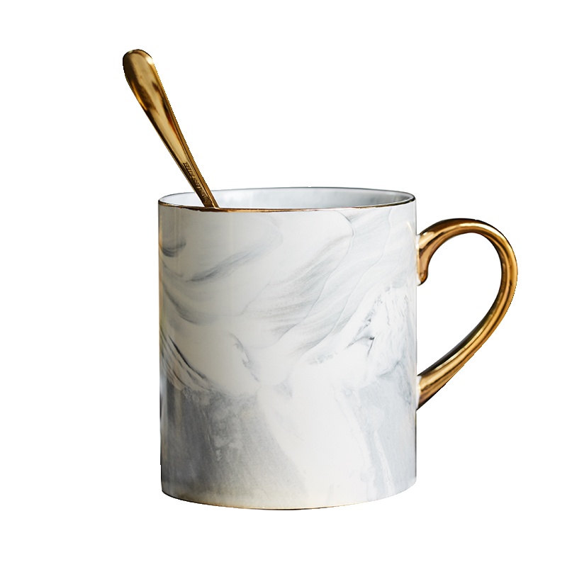 彩帮欧式大理石纹理马克杯描金边陶瓷杯子家用办公室咖啡杯情侣杯赠勺