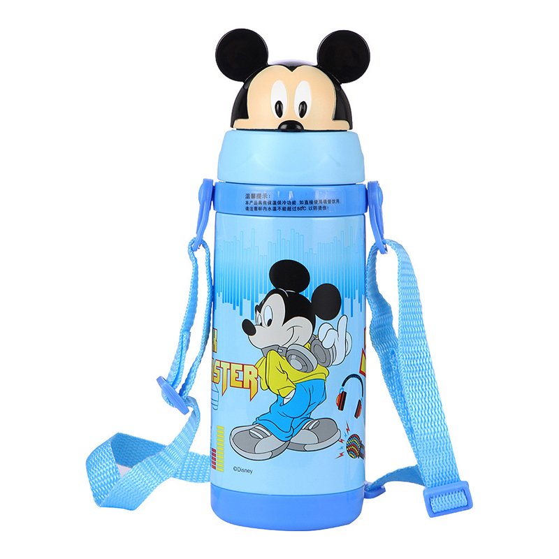 迪士尼3D翻盖背带不锈钢学饮吸管保温水杯男女童幼儿宝宝水壶 380ml 蓝色米奇