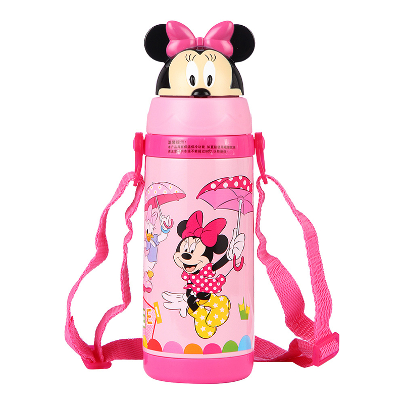 迪士尼3D翻盖背带不锈钢学饮吸管保温水杯男女童幼儿宝宝水壶 380ml 粉色米妮