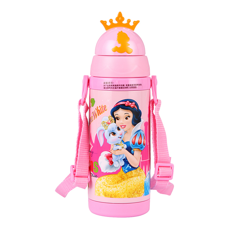 迪士尼3D翻盖背带不锈钢学饮吸管保温水杯男女童幼儿宝宝水壶 380ml 粉色公主