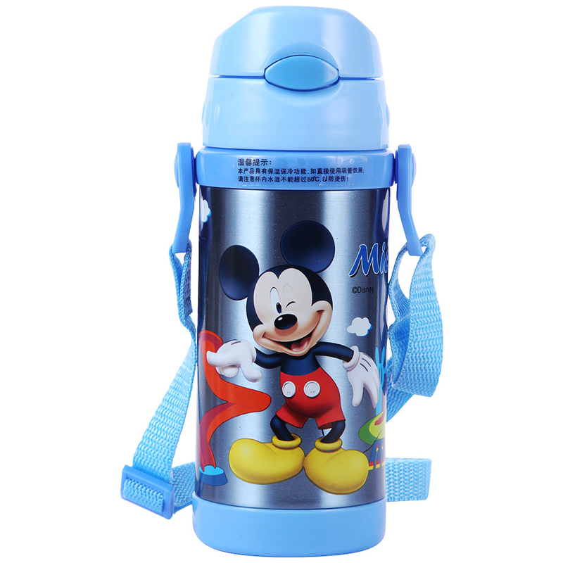 迪士尼儿童不锈钢背带吸管保温水杯男女童幼儿宝宝学生水壶350ml 蓝色米奇