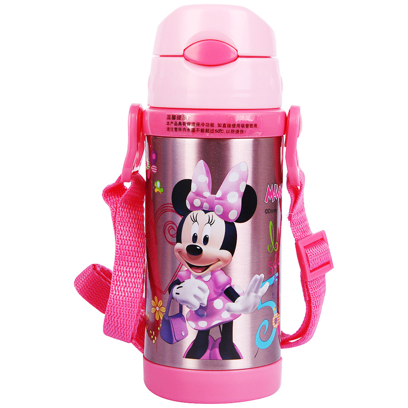 迪士尼儿童不锈钢背带吸管保温水杯男女童幼儿宝宝学生水壶350ml 粉色米妮