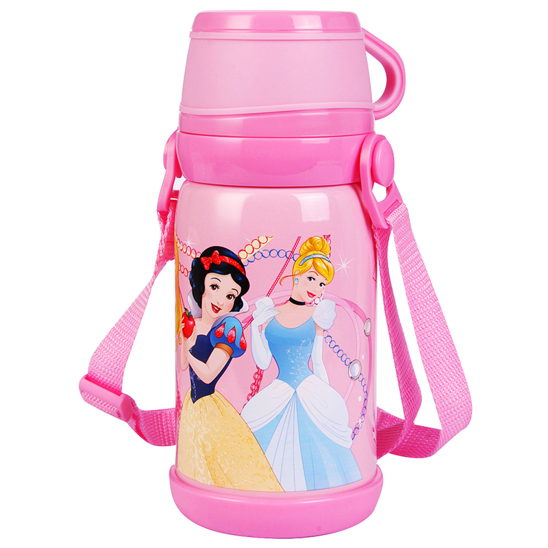 迪士尼儿童双层不锈钢大容量背带保温水杯男女童幼儿宝宝水壶 600ml 粉色公主