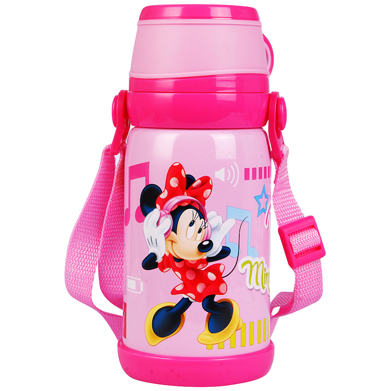 迪士尼儿童双层不锈钢大容量背带保温水杯男女童幼儿宝宝水壶 600ml 粉色米妮