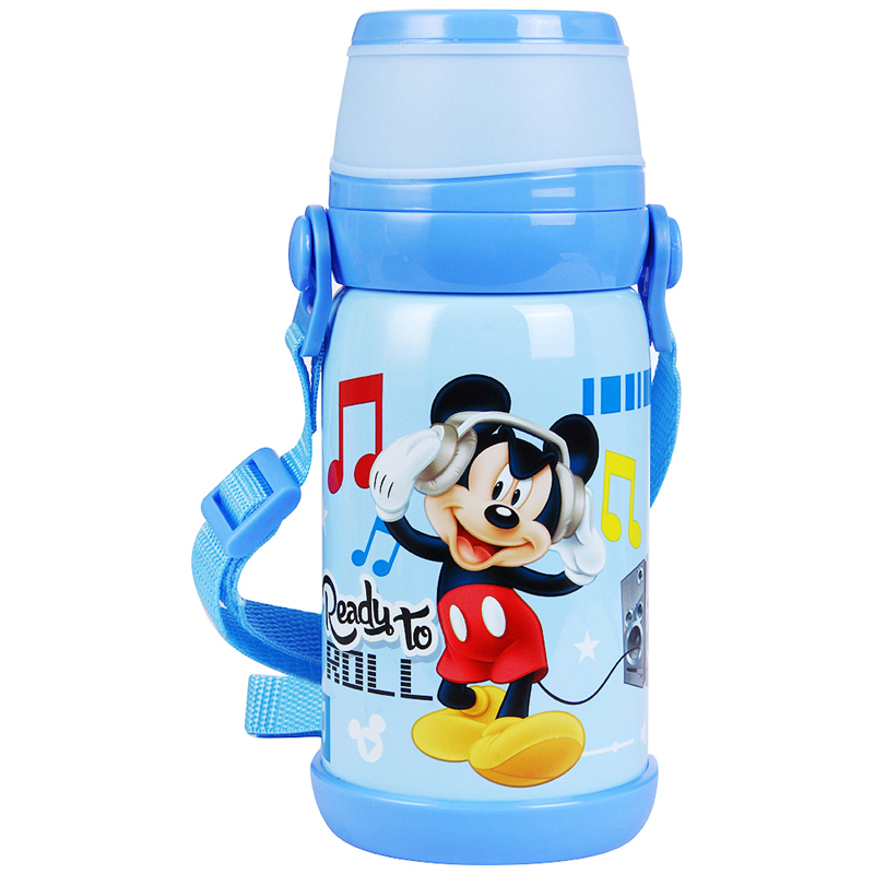 迪士尼儿童双层不锈钢大容量背带保温水杯男女童幼儿宝宝水壶 600ml 蓝色米奇