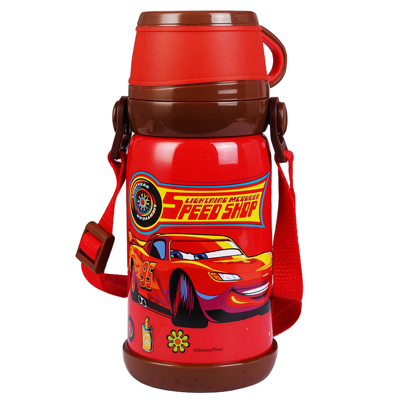 迪士尼儿童双层不锈钢大容量背带保温水杯男女童幼儿宝宝水壶 600ml 红色汽车