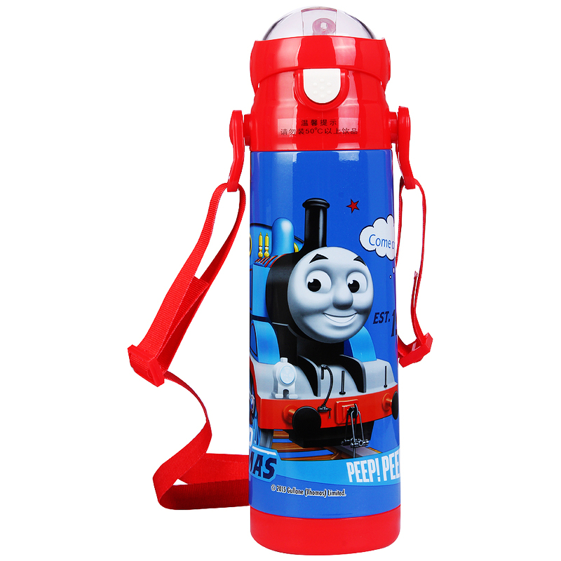 托马斯儿童带锁扣防漏不锈钢背带吸管保温水杯男女童幼儿宝宝水壶 500ml 深蓝