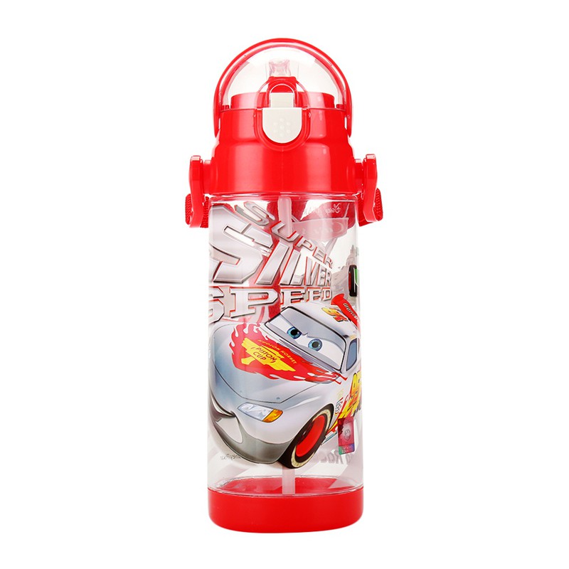 迪士尼 儿童带锁扣防漏背带吸管水杯男女童幼儿宝宝水壶500ml 不含双酚A 红色汽车