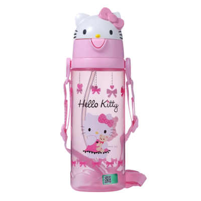 Hello Kitty 儿童3D弹盖背带学饮吸管水杯男女童幼儿宝宝水壶550ml 不含双酚A 粉红