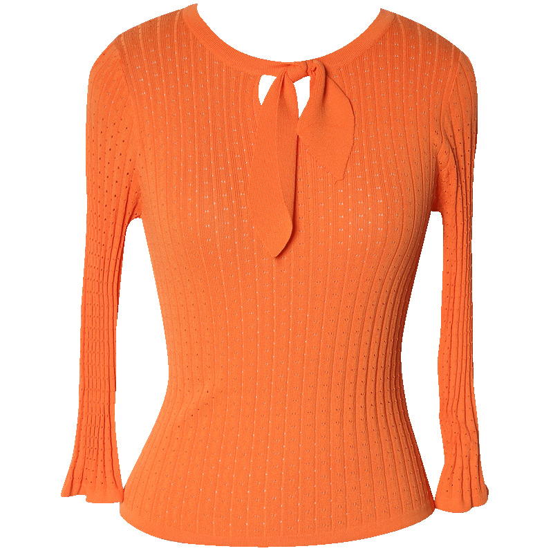 ZARAKARA2018春装新款蝴蝶结镂空针织衫女套头修身短款毛衣纯色时...