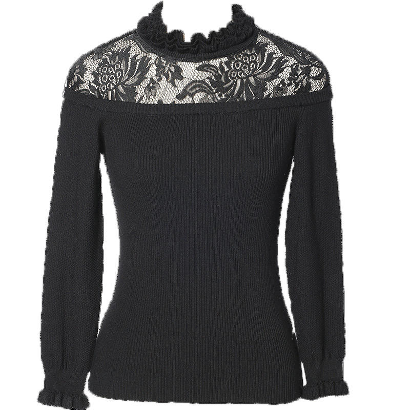 ZARAKARA2018春装新款蕾丝镂空针织衫女套头修身显瘦毛衣黑色打底...