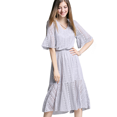 ZARA KARA 喇叭袖V领镂空蕾丝连衣裙中长款收腰显瘦裙子2018春夏季新款女