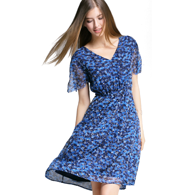 ZARA KARA 性感V领网纱拼接镂空雪纺印花连衣裙OL气质修身收腰201...