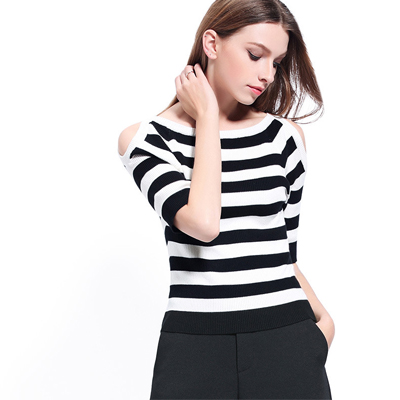 ZARA KARA黑白条纹漏肩T恤打底衫修身五分袖圆领上衣小衫2018春季新款女