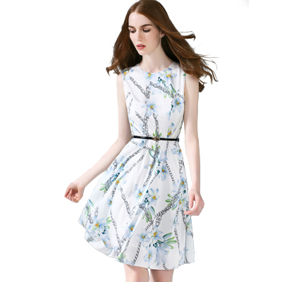 ZARA KARA修身显瘦收腰印花连衣裙子中裙女装高腰无袖夏装潮2018夏季新款