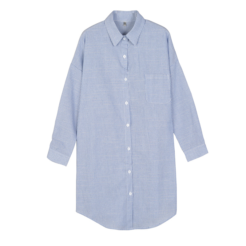 2017春装新款条纹衬衫女 韩版中长款修身显瘦气质长袖衬衣打底衫