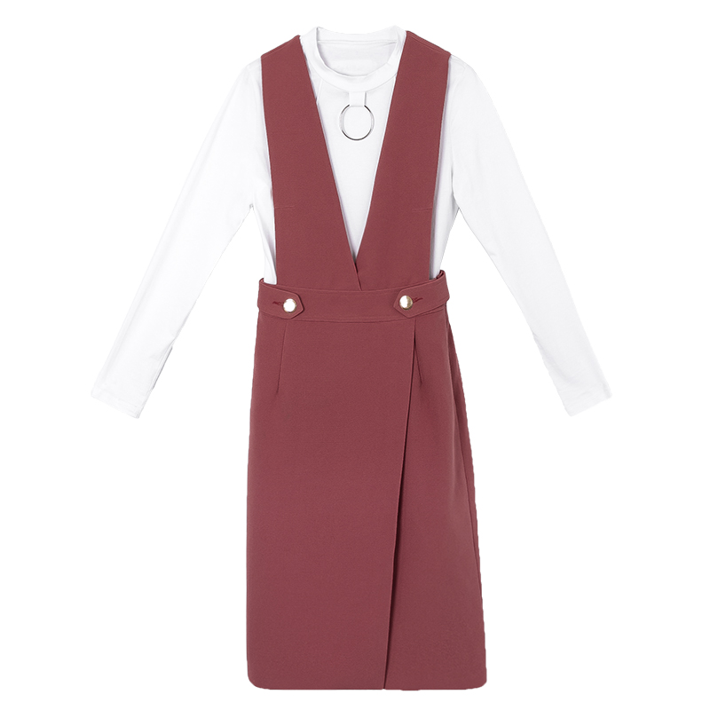 2017春季新款长袖两件套韩版中长款连衣裙女背带裙女士春装春款潮