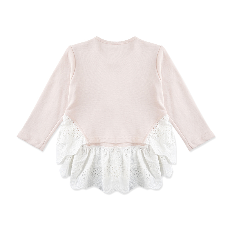 2017春装新品婴姿坊童装女童卫衣舒适透气百搭圆领蕾丝褶边开肩休闲贴布T恤