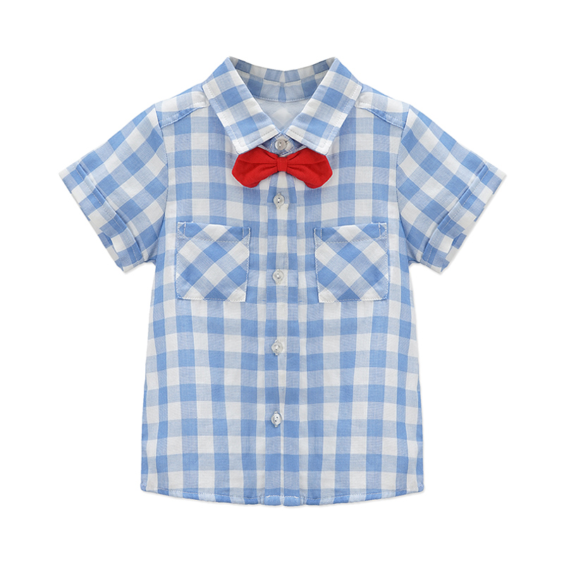婴姿坊男童衬衣短袖儿童夏季新款宝宝韩版薄款格子衬衫上衣潮