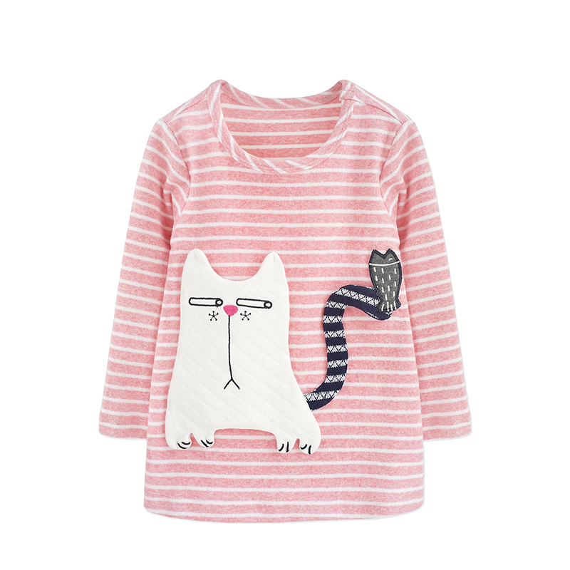 秋季新款女童休闲百搭可爱圆领条纹卡通猫长袖T恤秋装 韩版
