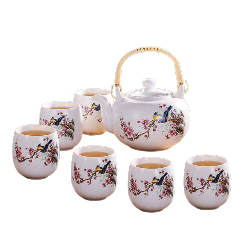 景德镇 陶瓷茶杯 茶壶 一壶六杯套装 带礼盒 整套茶具送茶盘 喜上眉梢