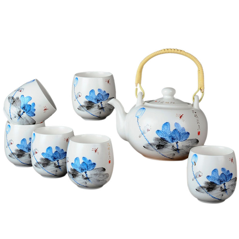 LICHEN茶具套装 景德镇 陶瓷茶杯 茶壶 一壶六杯套装 带礼盒 整套茶具送茶盘 品悦荷香