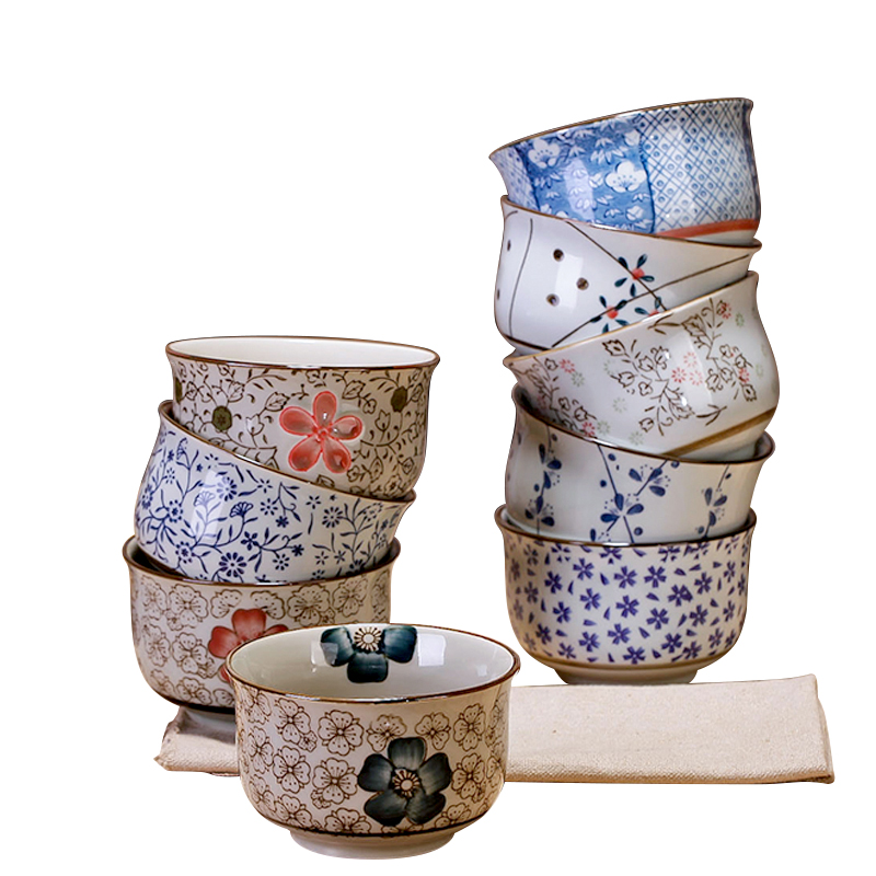 瓷物语景德镇陶瓷和风 米饭碗 汤碗 宜家碗 釉下彩 手绘 青花金钟碗5个套装