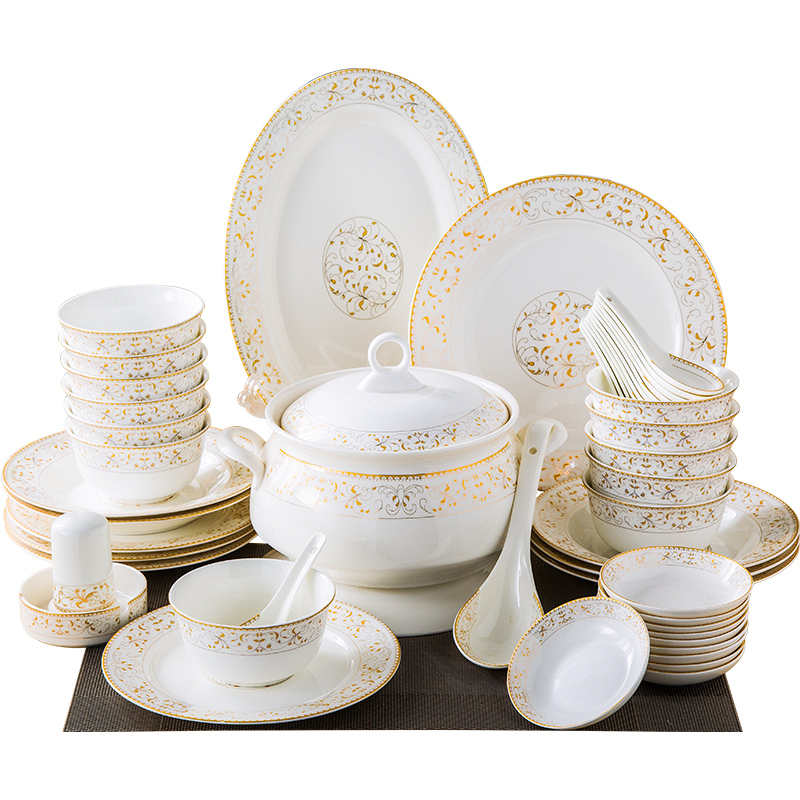 瓷物语56头骨瓷餐具高档描金创意碗碟筷盘子碗 结婚礼品套装