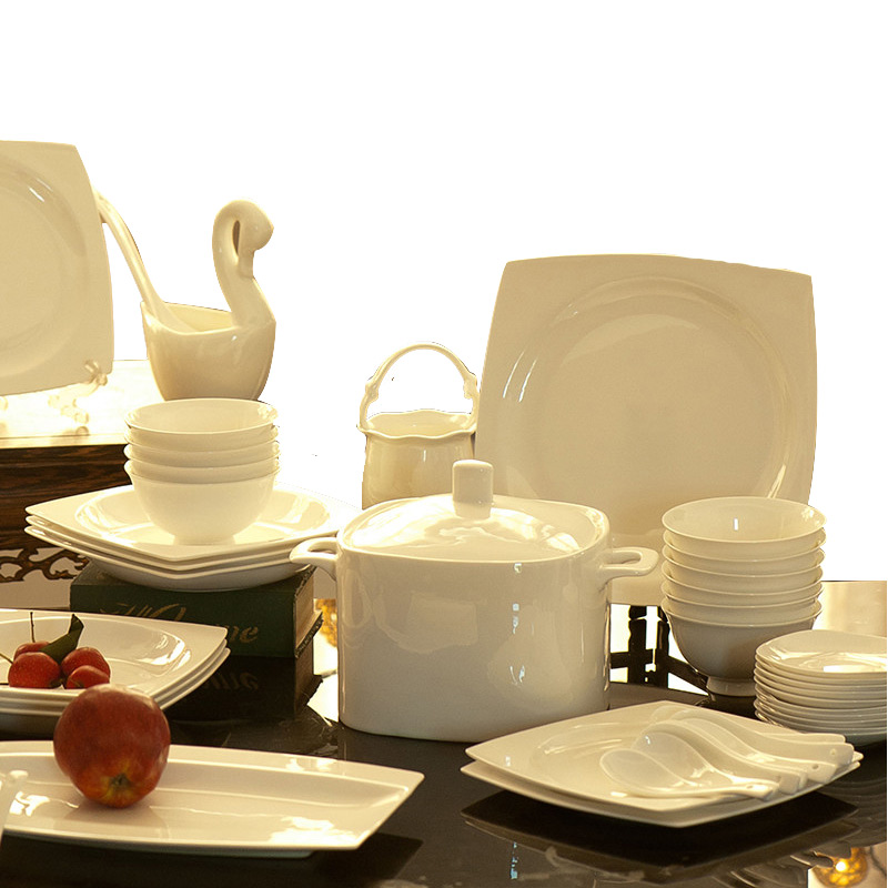 瓷物语景德镇 58头骨瓷餐具 纯白套装碗盘碟不含铅镉 微波炉适用