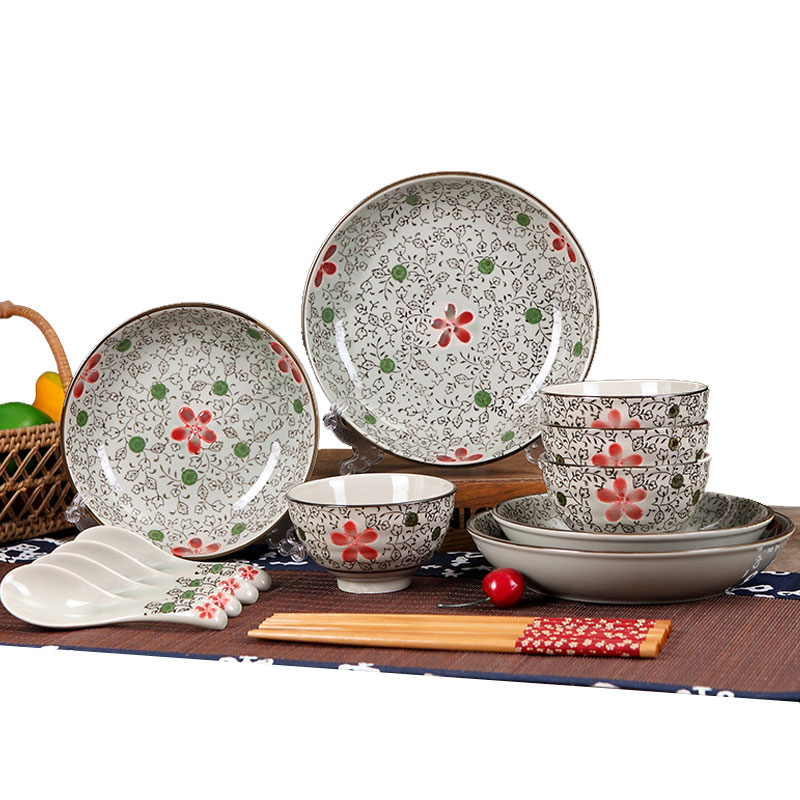瓷物语(ciwuyu)12头陶瓷餐具套装碗盘碟勺米饭碗家用厨房餐具高脚碗大红花