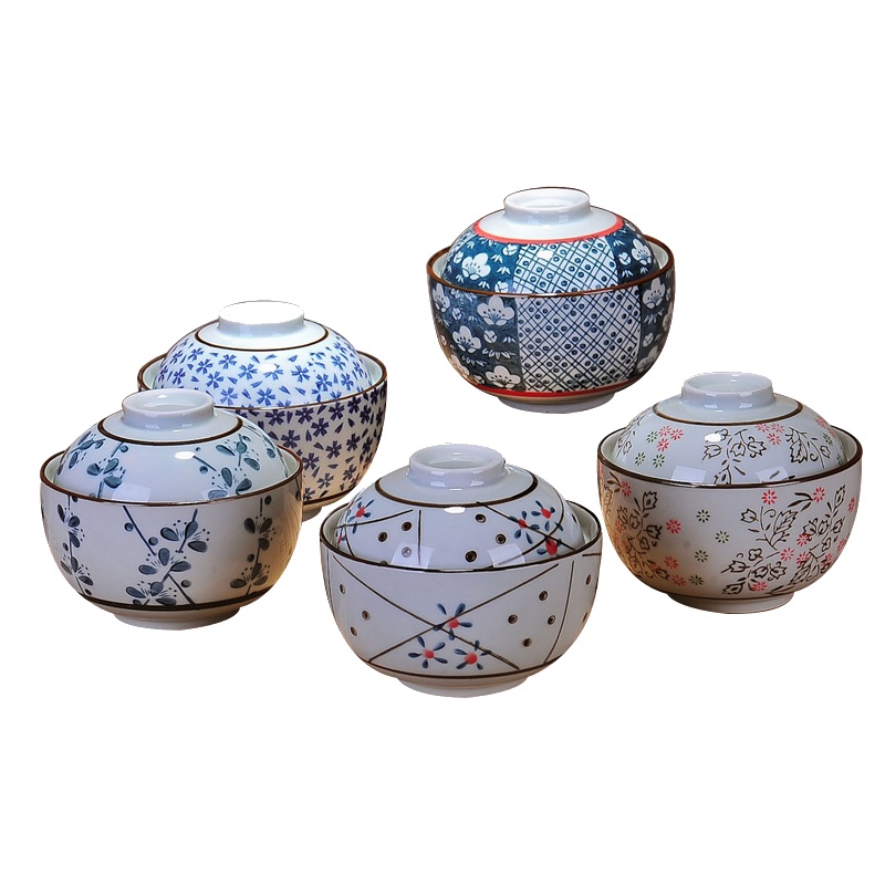 日式和风陶瓷碗保温防尘碗6.5英寸碗饭碗套装釉下彩带盖创意炖盅蓝彩