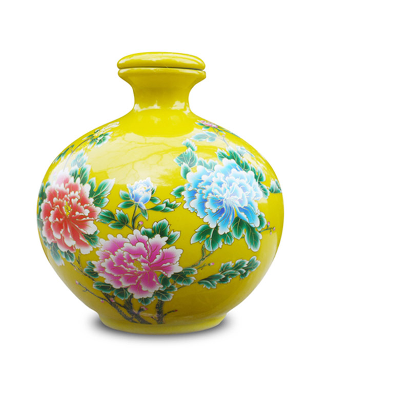陶瓷酒瓶酒坛子五斤装酒罐密封存酒瓶中国红花开富贵黄色