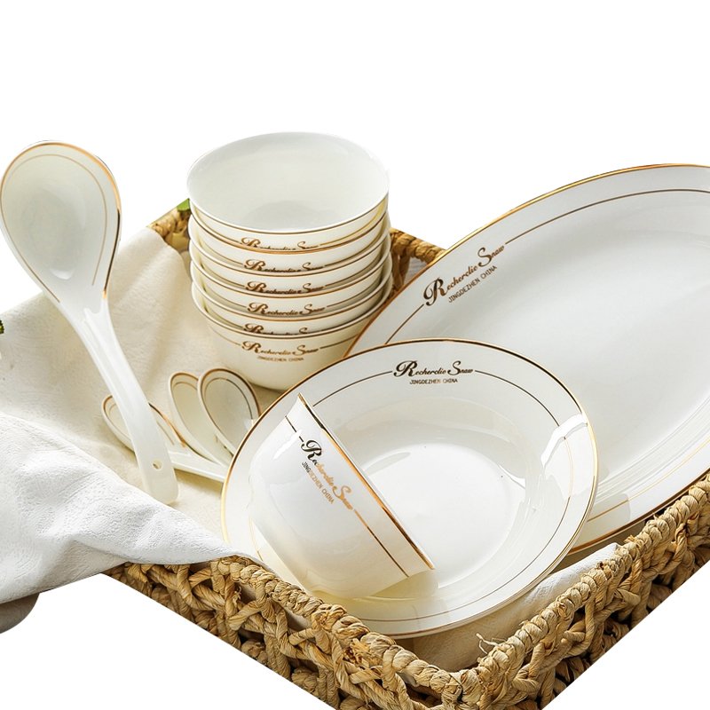 瓷物语餐具套装中式56头欧式金边碗碟简约家用陶瓷器碗盘结婚碗筷