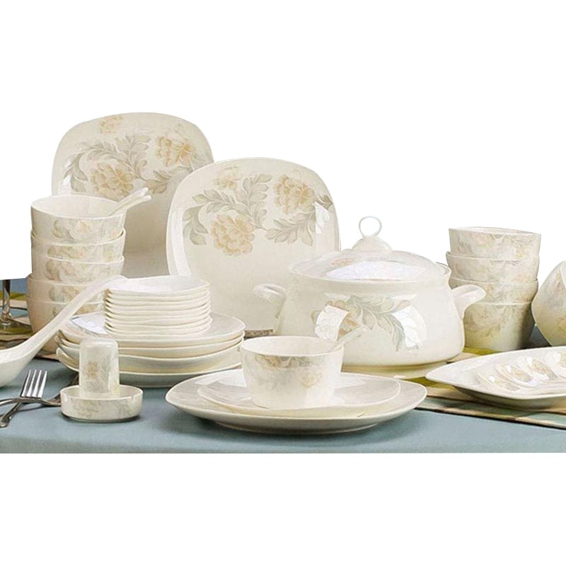碗碟套装 陶瓷器骨瓷餐具韩式创意景德镇家用碗盘餐具套装 方形56头实用配宫廷煲