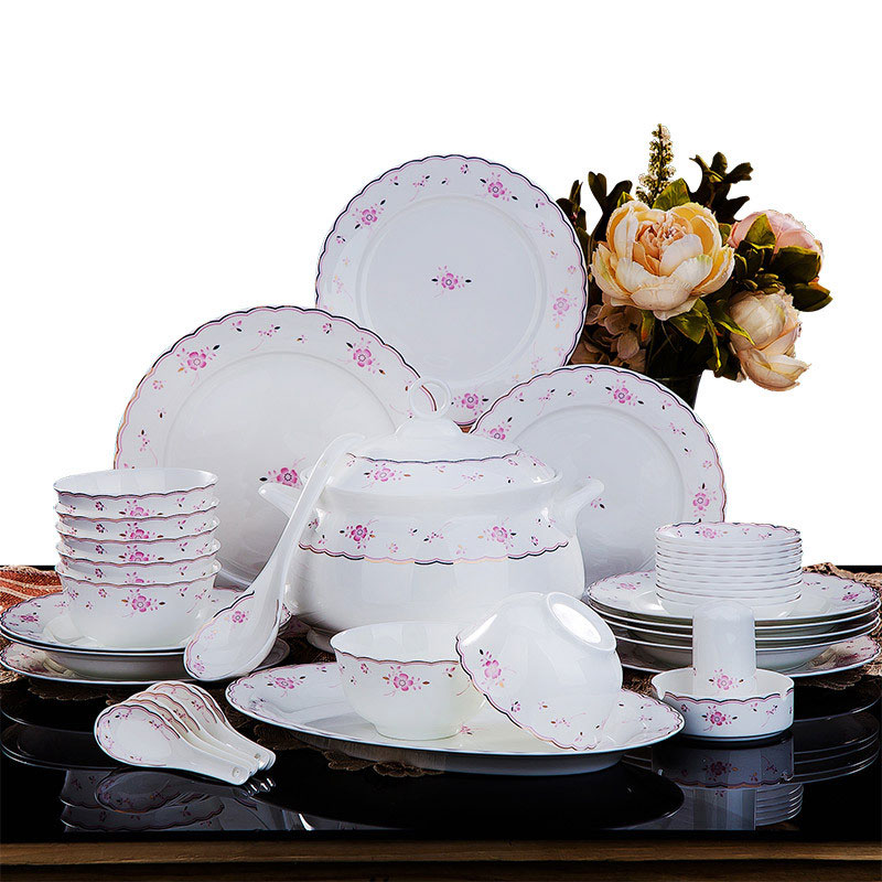 瓷物语56头骨瓷餐具套装碗盘家用碗具 陶瓷器碗盘碟套装中式组合饭盘风尚丽人