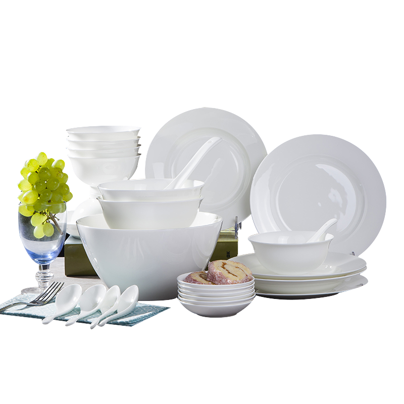 瓷物语餐具套装中式简约碗盘家用纯白陶瓷 28头高脚碗套装