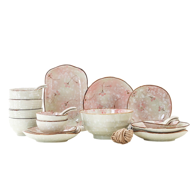 瓷物语日式家用陶瓷盘子汤碗碟套装餐具二人食套装 玉兰款