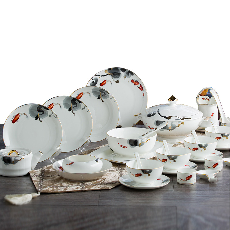 瓷物语68头高档陶瓷中式古典水墨景德镇骨瓷餐具套装家用结婚送礼盒