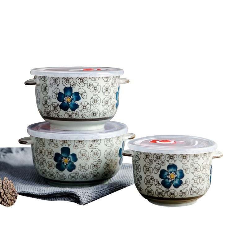 瓷物语陶瓷双耳保鲜碗日式釉下彩家用三件套多功能硅胶密封带盖吃饭泡面(青花)