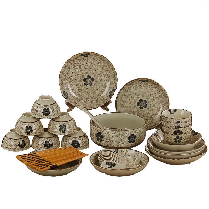 瓷物语cwy创意日式韩式釉下彩40头 碗碟厨房碗盘碗筷陶瓷餐具套装结婚送礼(大红花)