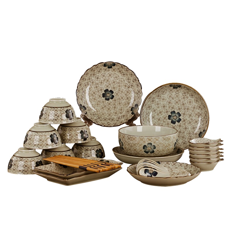 瓷物语釉下彩手绘创意碗套装31头餐具 日式碗碟筷盘结婚礼物(蓝富贵)