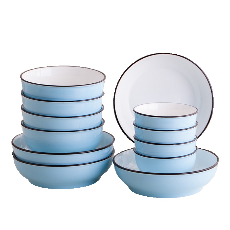 瓷物语创意色釉碗碟套装12头陶瓷餐具套装(天空蓝)