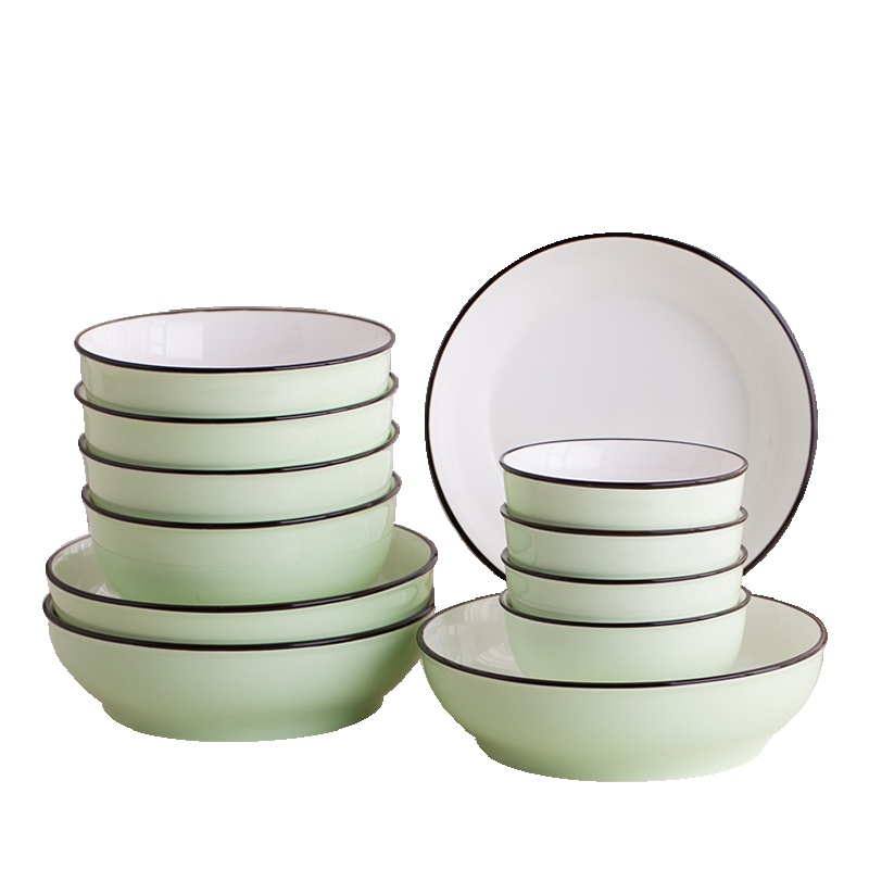瓷物语12头陶瓷餐具套装创意色釉碗碟套装(清新绿)