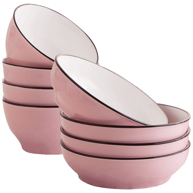 瓷物语4个加大容量深盘7.5英寸陶瓷菜盘家用饭盘日式简约纯色盘子可盛汤盘(粉色)