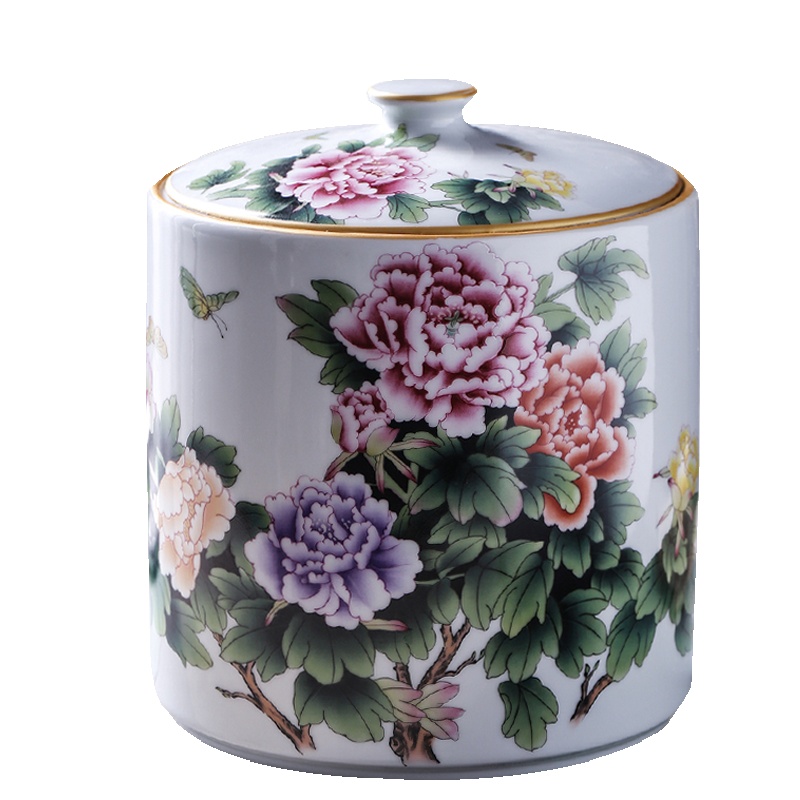 瓷物语家用装储物罐茶饼缸油缸水缸密封储米桶带盖(直筒款-牡丹10斤)