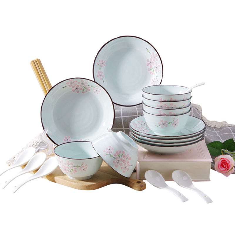 瓷物语礼品陶瓷日式小清新釉下彩加厚陶瓷碗盘碟餐具组合套装 樱花物语6碗6盘(配4.5英寸碗)