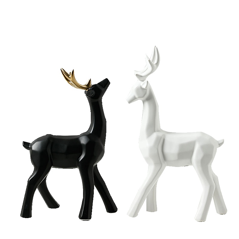 瓷物语摆件家居饰品现代花瓶客厅酒柜(黑金抬头鹿+白低头鹿)