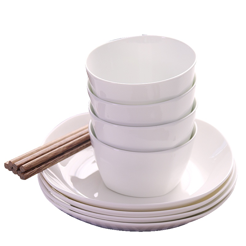 瓷物语家用碗碟厨房餐具4人套装陶瓷中式碗盘现代简约(4.5英寸高脚碗配饭盘4套)